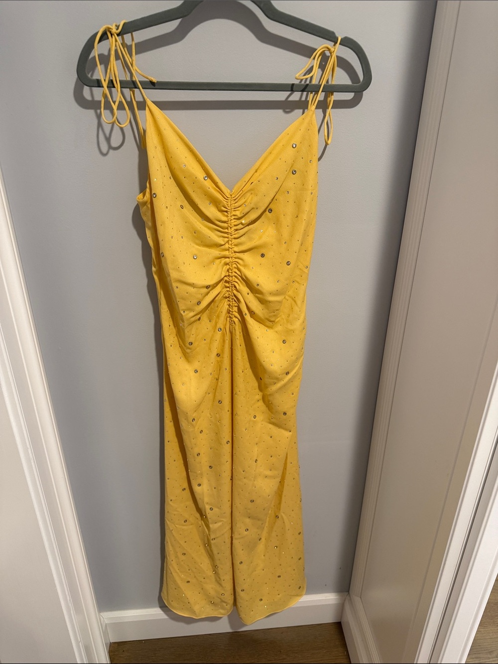 Sandro Yellow Sparkle Ruched Tie-Shoulder Midi Dress